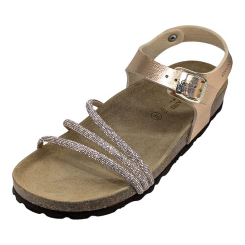 Sandalo rosa cipria per bambina tipo Birkenstock con tre fascette di strass e fibbia dorata – Grünland 16 Sandalo rosa cipria per bambina tipo Birkenstock con tre fascette di strass e fibbia dorata – Grünland