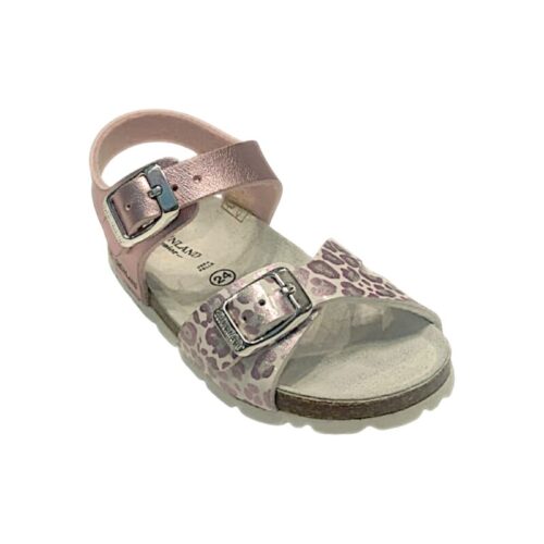 Sandalo rosa metallizzato per bambina tipo Birkenstock con fascia frontale leopardata rosa e fibbie argento – Grünland