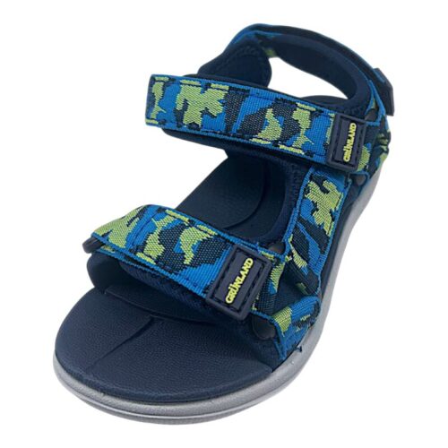 Sandalo sportivo blu per bambino fantasia camouflage in gomma e stoffa con triplo strappo – Grünland
