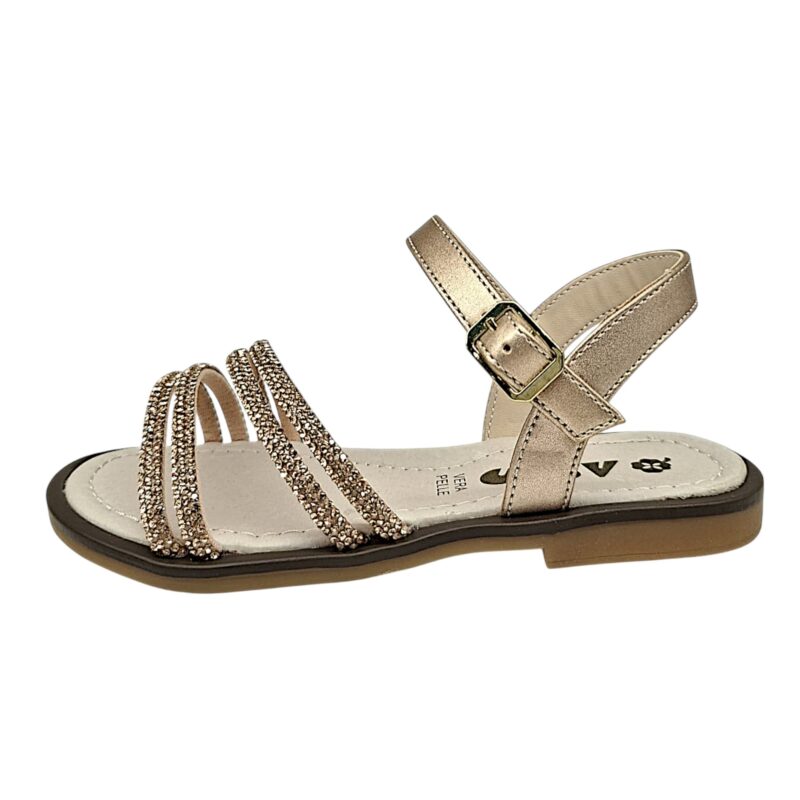 Sandalo suola bassa per bambina oro-rosa con strass e fibbia – Asso 3 Sandalo suola bassa per bambina oro-rosa con strass e fibbia – Asso