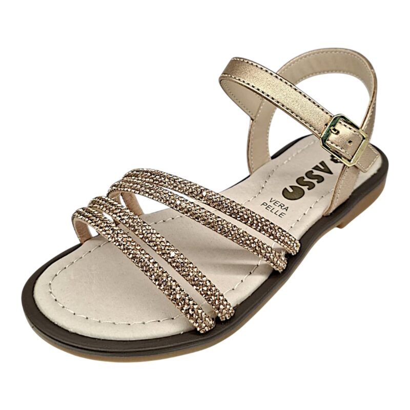 Sandalo suola bassa per bambina oro-rosa con strass e fibbia – Asso 1 Sandalo suola bassa per bambina oro-rosa con strass e fibbia – Asso