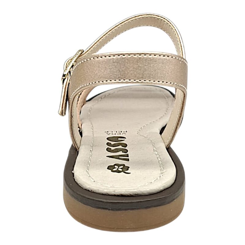 Sandalo suola bassa per bambina oro-rosa con strass e fibbia – Asso 4 Sandalo suola bassa per bambina oro-rosa con strass e fibbia – Asso