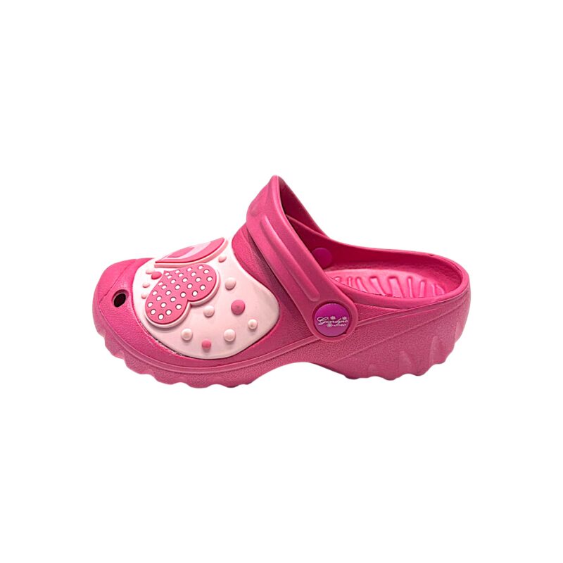 Sandalo rosa-fucsia tipo Crocs per bambina con cuori e fascetta posteriore – Giardino d'Oro 2 Sandalo tipo Crocs per bambina fucsia e rosa con cuori e fascetta posteriore – Giardino d'Oro