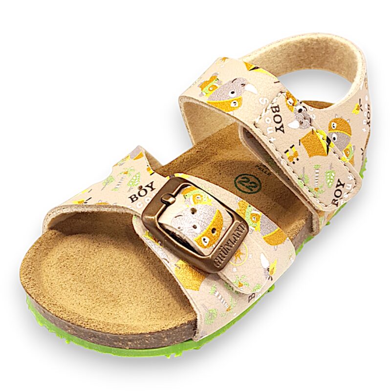 Sandalo unisex beige con suola verde strappo e fibbia - Grunland