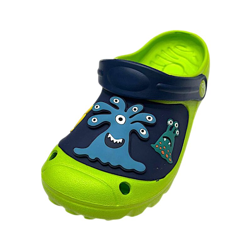 Sandalo verde-blu tipo Crocs per bambino con alieni e fascetta posteriore – Giardino d'Oro 1 Sandalo verde e blu tipo Crocs per bambino e blu con alieni e fascetta posteriore – Giardino d'Oro