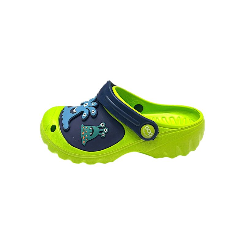 Sandalo verde-blu tipo Crocs per bambino con alieni e fascetta posteriore – Giardino d'Oro 2 Sandalo verde e blu tipo Crocs per bambino e blu con alieni e fascetta posteriore – Giardino d'Oro