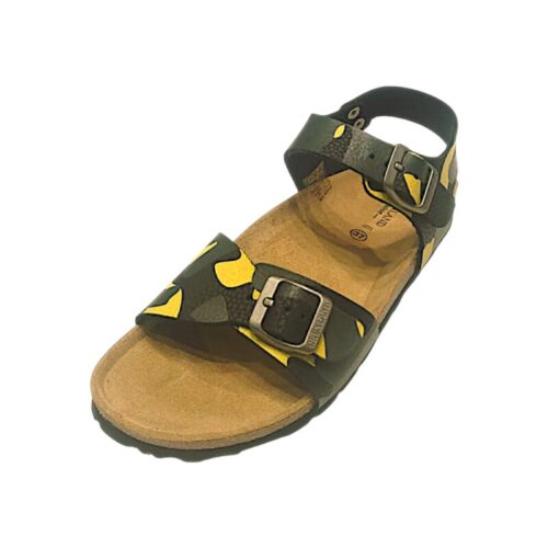 Sandalo verde militare per bambino tipo Birkenstock con fantasia mimetica giallo-verde e fibbie argento opaco – Grünland