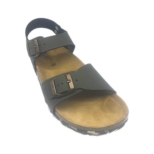 Sandalo verde oliva per bambino tipo Birkenstock con suola militare camouflage e fibbie bronzo – Grünland