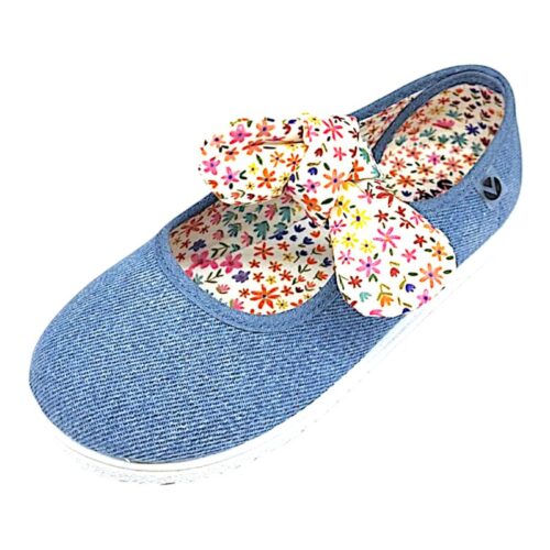 Scarpa ballerina color jeans in cotone per bambina con strappo e fiocchetto multicolor – Victoria