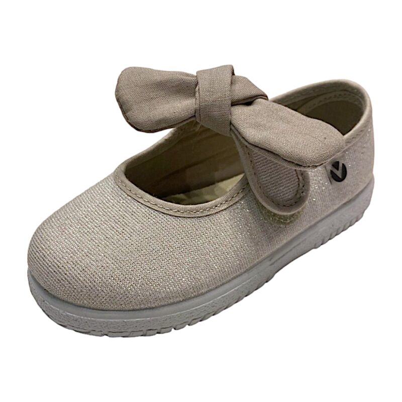 Scarpa ballerina per bambina primi passi di cotone beige con strappo e fiocchetto - Victoria