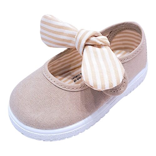 Scarpa ballerina per bambina primi passi di cotone beige con strappo e fiocchetto - Victoria