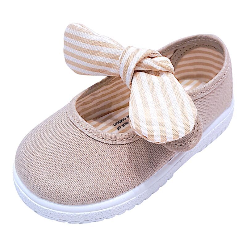 Scarpa ballerina per bambina primi passi di cotone beige con strappo e fiocchetto - Victoria