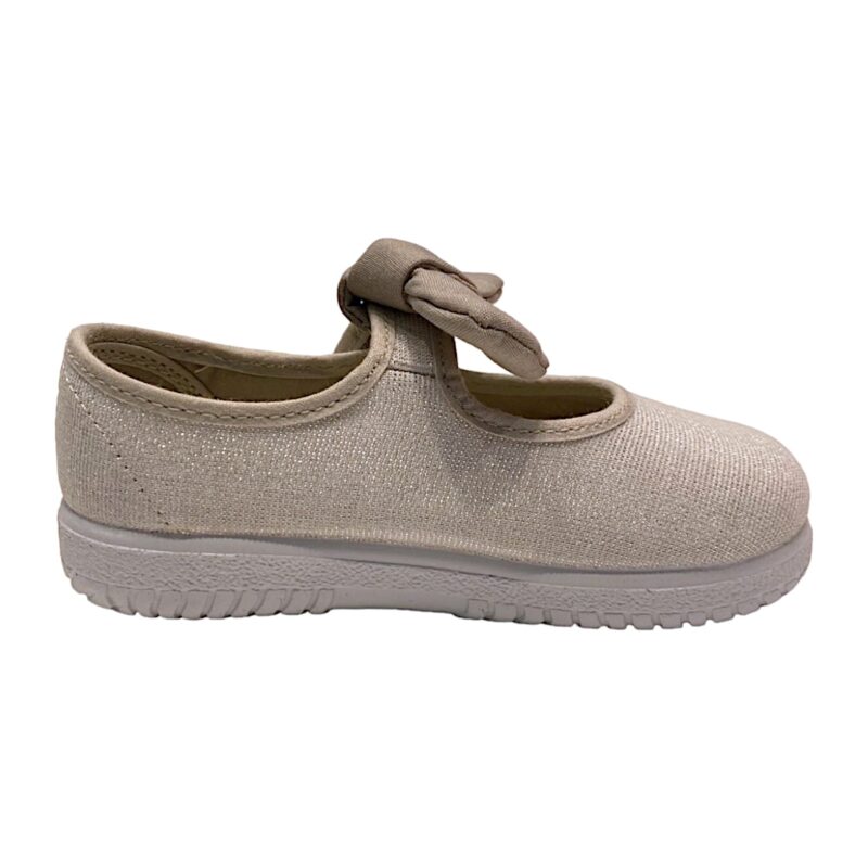 Scarpa ballerina per bambina primi passi di cotone beige con strappo e fiocchetto - Victoria