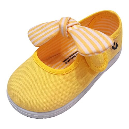 Scarpa ballerina per bambina primi passi di cotone giallo con strappo e fiocchetto - Victoria