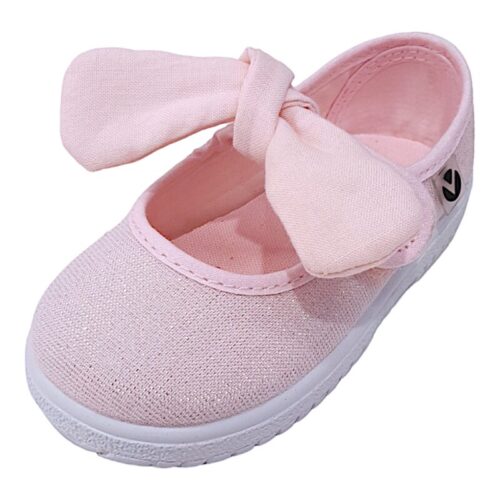 Scarpa ballerina per bambina primi passi di cotone rosa glitter con strappo e fiocchetto - Victoria