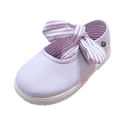 Scarpa ballerina per bambina primi passi di cotone viola con strappo e fiocchetto - Victoria