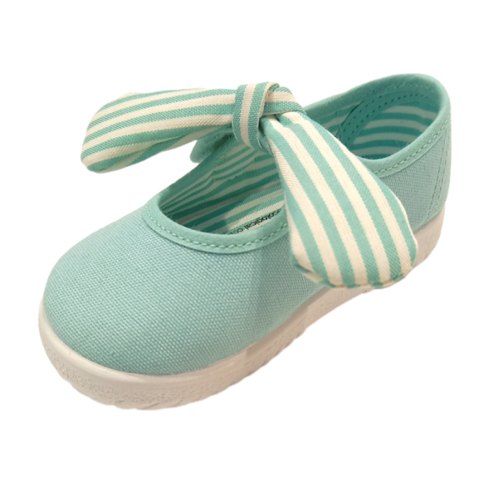Scarpa ballerina primi passi unisex di cotone verde menta con strappo e fiocchetto - Victoria