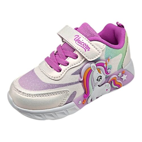 Scarpa da ginnastica bianco-fucsia multicolor per bambina con unicorno, strappo, lacci elastici e luci – Alek Moda Silver