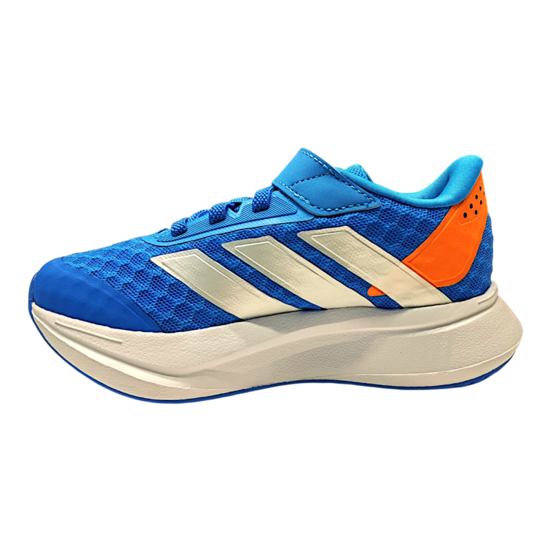 Scarpa da ginnastica retata blu per bambino con dettagli argento e arancioni, strappo e lacci elastici – Adidas 3 Scarpa da ginnastica blu per bambino con dettagli argento e arancioni, strappo e lacci elastici – Adidas