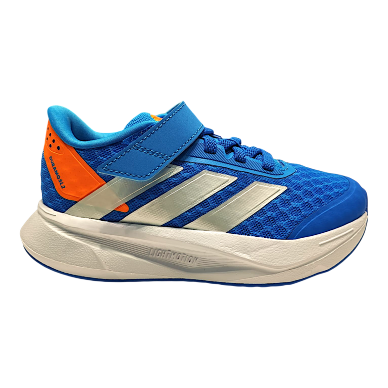 Scarpa da ginnastica retata blu per bambino con dettagli argento e arancioni, strappo e lacci elastici – Adidas 2 Scarpa da ginnastica blu per bambino con dettagli argento e arancioni, strappo e lacci elastici – Adidas