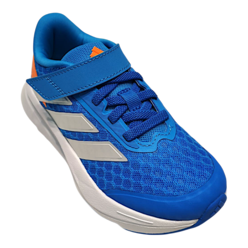 Scarpa da ginnastica retata blu per bambino con dettagli argento e arancioni, strappo e lacci elastici – Adidas 12 Scarpa da ginnastica blu per bambino con dettagli argento e arancioni, strappo e lacci elastici – Adidas