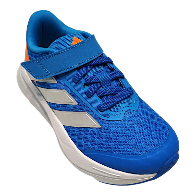Scarpa da ginnastica retata blu per bambino con dettagli argento e arancioni, strappo e lacci elastici – Adidas 1 Scarpa da ginnastica blu per bambino con dettagli argento e arancioni, strappo e lacci elastici – Adidas