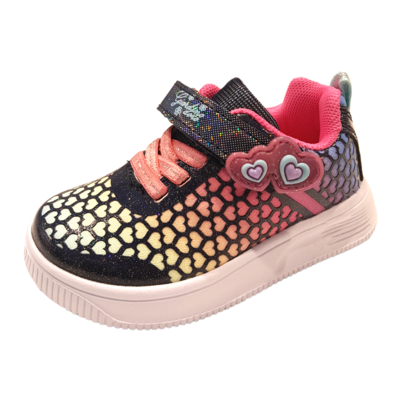 Scarpa da ginnastica per bambina blu multicolor glitter con cuori, strappo e lacci elastici – Giardino d'Oro 1 Scarpa da ginnastica per bambina blu multicolor glitter con cuori, strappo e lacci elastici – Giardino d'Oro