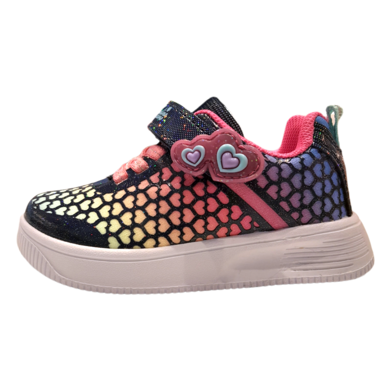 Scarpa da ginnastica per bambina blu multicolor glitter con cuori, strappo e lacci elastici – Giardino d'Oro 3 Scarpa da ginnastica per bambina blu multicolor glitter con cuori, strappo e lacci elastici – Giardino d'Oro