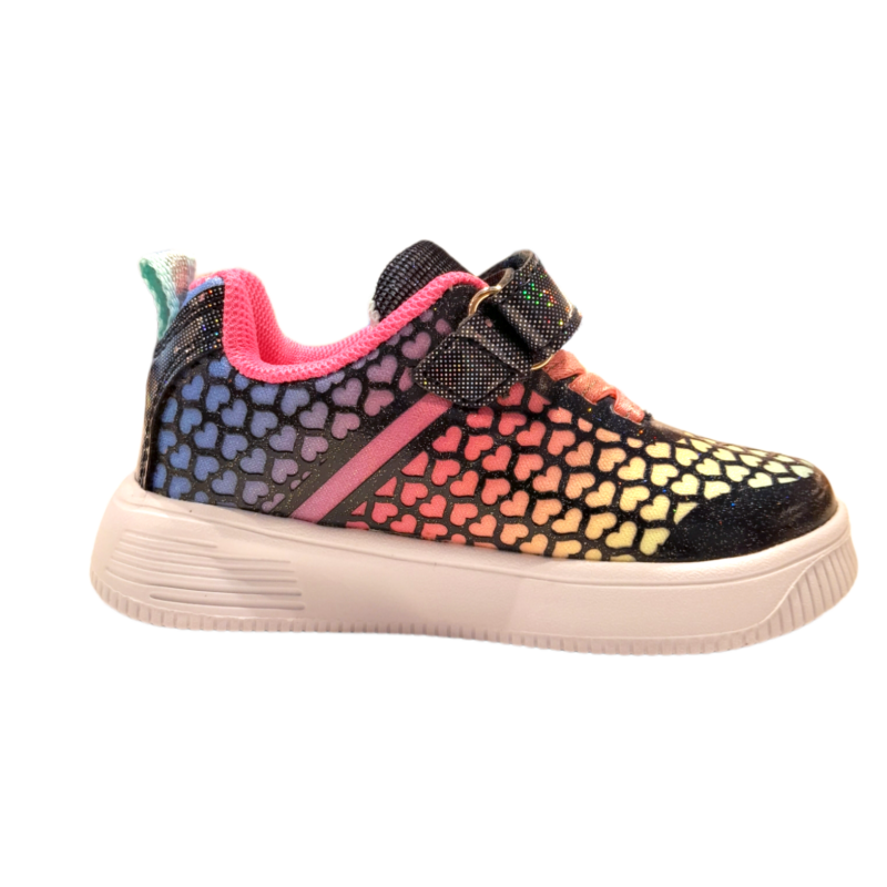 Scarpa da ginnastica per bambina blu multicolor glitter con cuori, strappo e lacci elastici – Giardino d'Oro 2 Scarpa da ginnastica per bambina blu multicolor glitter con cuori, strappo e lacci elastici – Giardino d'Oro