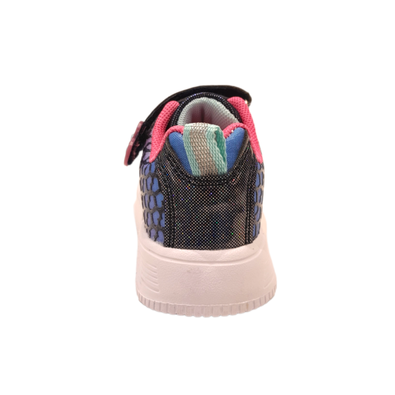 Scarpa da ginnastica per bambina blu multicolor glitter con cuori, strappo e lacci elastici – Giardino d'Oro 4 Scarpa da ginnastica per bambina blu multicolor glitter con cuori, strappo e lacci elastici – Giardino d'Oro