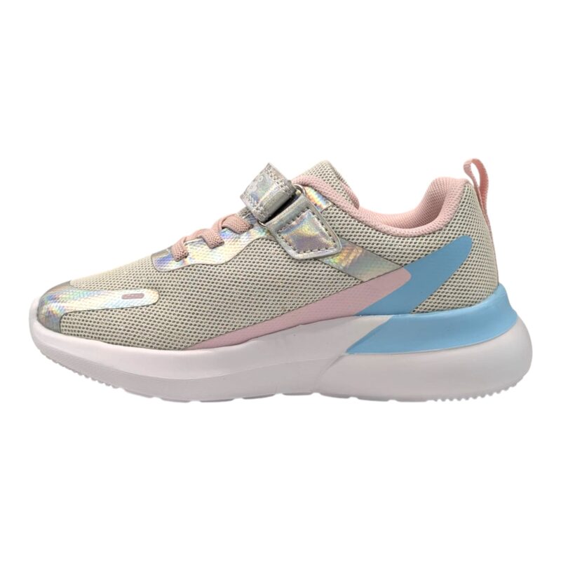 Scarpa da ginnastica rosa-argento cangiante-azzurro per bambina con stellina argento, strappo e lacci elastici – Giardino d'Oro 3 Scarpa da ginnastica per bambina rosa-argento cangiante-azzurro con stellina argento, strappo e lacci elastici – Giardino d'Oro