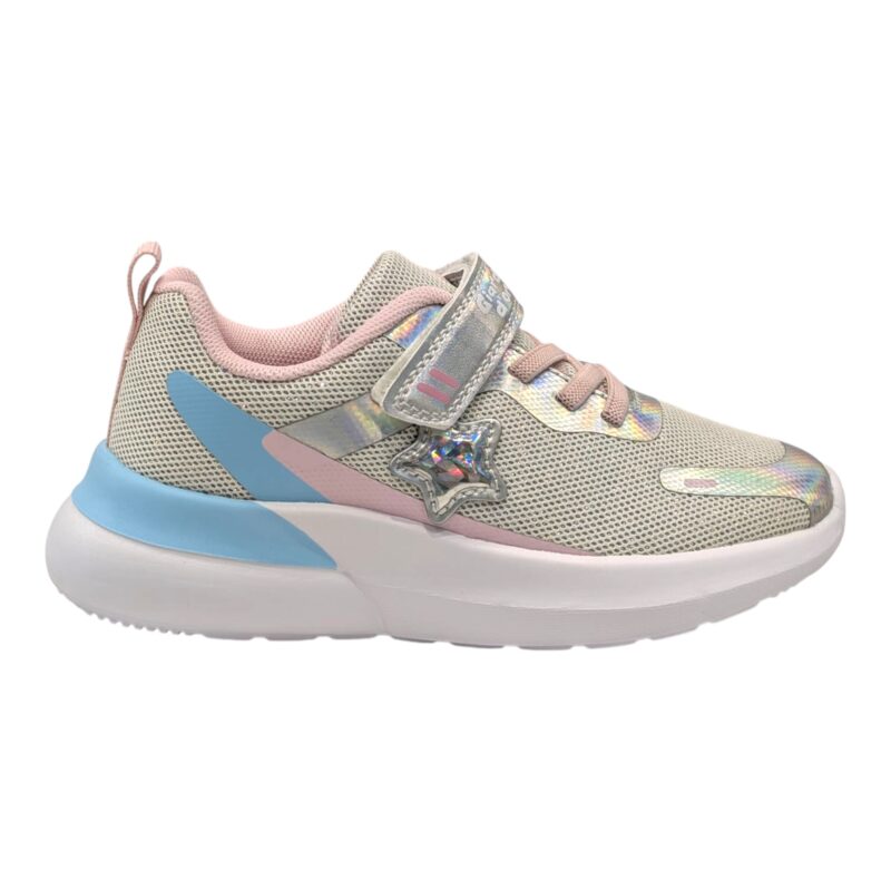 Scarpa da ginnastica rosa-argento cangiante-azzurro per bambina con stellina argento, strappo e lacci elastici – Giardino d'Oro 2 Scarpa da ginnastica per bambina rosa-argento cangiante-azzurro con stellina argento, strappo e lacci elastici – Giardino d'Oro