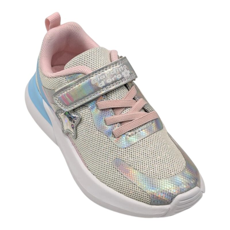 Scarpa da ginnastica rosa-argento cangiante-azzurro per bambina con stellina argento, strappo e lacci elastici – Giardino d'Oro 1 Scarpa da ginnastica per bambina rosa-argento cangiante-azzurro con stellina argento, strappo e lacci elastici – Giardino d'Oro