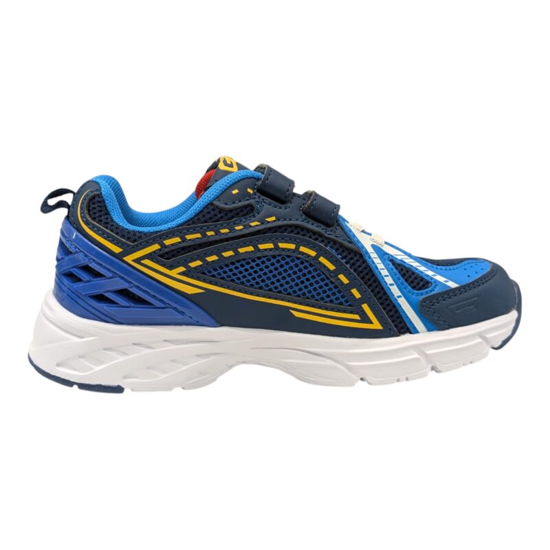 Scarpa da ginnastica blu-azzurra-gialla per bambino con strappo e lacci elastici – Giardino d'Oro 2 Scarpa da ginnastica per bambino blu, azzurra e gialla con strappo e lacci elastici – Giardino d'Oro