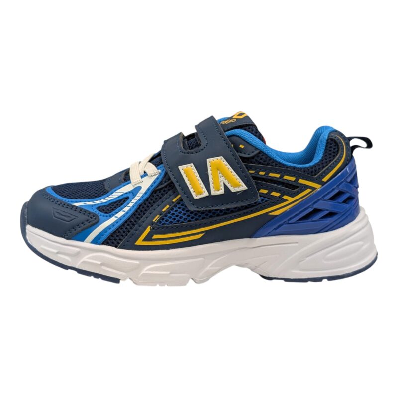 Scarpa da ginnastica blu-azzurra-gialla per bambino con strappo e lacci elastici – Giardino d'Oro 3 Scarpa da ginnastica per bambino blu, azzurra e gialla con strappo e lacci elastici – Giardino d'Oro