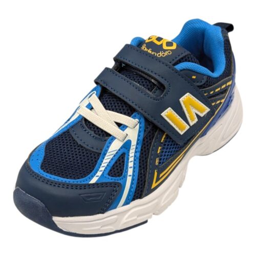 Scarpa da ginnastica per bambino blu, azzurra e gialla con strappo e lacci elastici – Giardino d'Oro