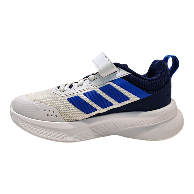 Scarpa da ginnastica retata bianca-blu-nera per bambino con strappo e lacci elastici – Adidas 3 Scarpa da ginnastica retata bianca-blu-nera per bambino con strappo e lacci elastici – Adidas
