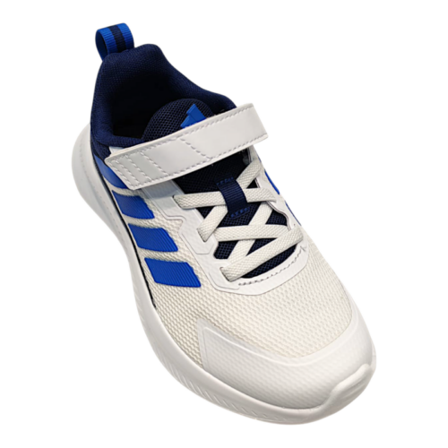 Scarpa da ginnastica retata bianca-blu-nera per bambino con strappo e lacci elastici – Adidas 10 Scarpa da ginnastica retata bianca-blu-nera per bambino con strappo e lacci elastici – Adidas