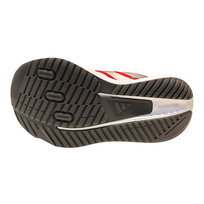 Scarpa da ginnastica retata rossa per bambino con dettagli argento e neri, strappo e lacci elastici – Adidas 5 Scarpa da ginnastica retata rossa per bambino con dettagli argento e neri, strappo e lacci elastici – Adidas