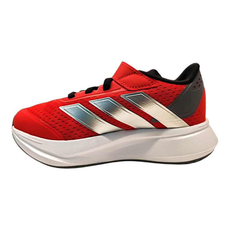 Scarpa da ginnastica retata rossa per bambino con dettagli argento e neri, strappo e lacci elastici – Adidas 3 Scarpa da ginnastica retata rossa per bambino con dettagli argento e neri, strappo e lacci elastici – Adidas
