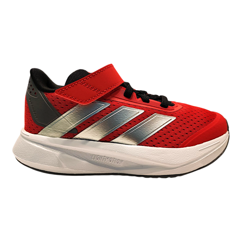 Scarpa da ginnastica retata rossa per bambino con dettagli argento e neri, strappo e lacci elastici – Adidas 2 Scarpa da ginnastica retata rossa per bambino con dettagli argento e neri, strappo e lacci elastici – Adidas