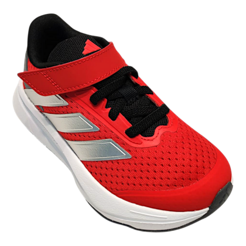 Scarpa da ginnastica retata rossa per bambino con dettagli argento e neri, strappo e lacci elastici – Adidas 8 Scarpa da ginnastica retata rossa per bambino con dettagli argento e neri, strappo e lacci elastici – Adidas