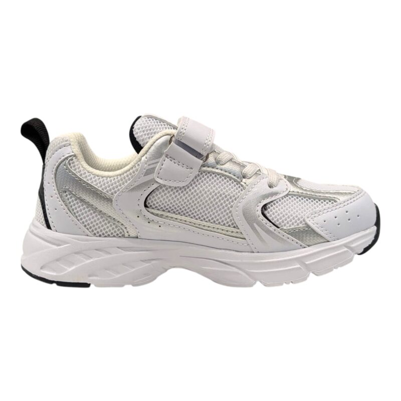 Scarpa da ginnastica unisex bianco-silver-nero con strappo e lacci elastici – Giardino d'Oro 2 Scarpa da ginnastica unisex bianco-silver-nero con strappo e lacci elastici – Giardino d'Oro