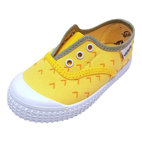 Scarpa ginnica di cotone gialla e simboli arancio con elastico, senza lacci - Victoria