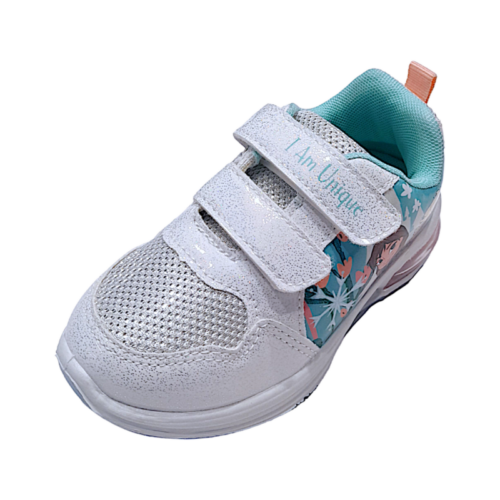 Sneaker sportiva per bambina Frozen bianca glitter-azzurro con luci e strappi – FLA Europe 1 Scarpa ginnica per bambina Frozen bianco glitter-azzurro con luci e strappi – FLA Europe