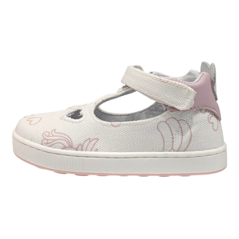 Scarpa per bambina con occhietti in tessuto biancorosa e disegno cavallo - Balducci