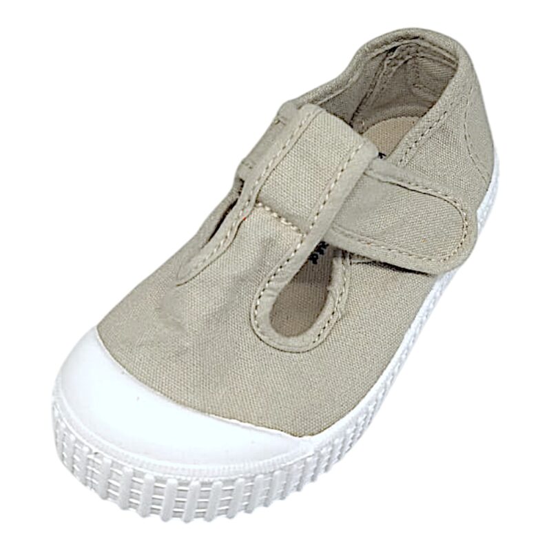 Scarpa con occhietti per bambina e bambino beige hielo in cotone con apertura a strappo – Victoria 1 Scarpa per bambina e bambino primi passi beige hielo in cotone con strappo – Victoria