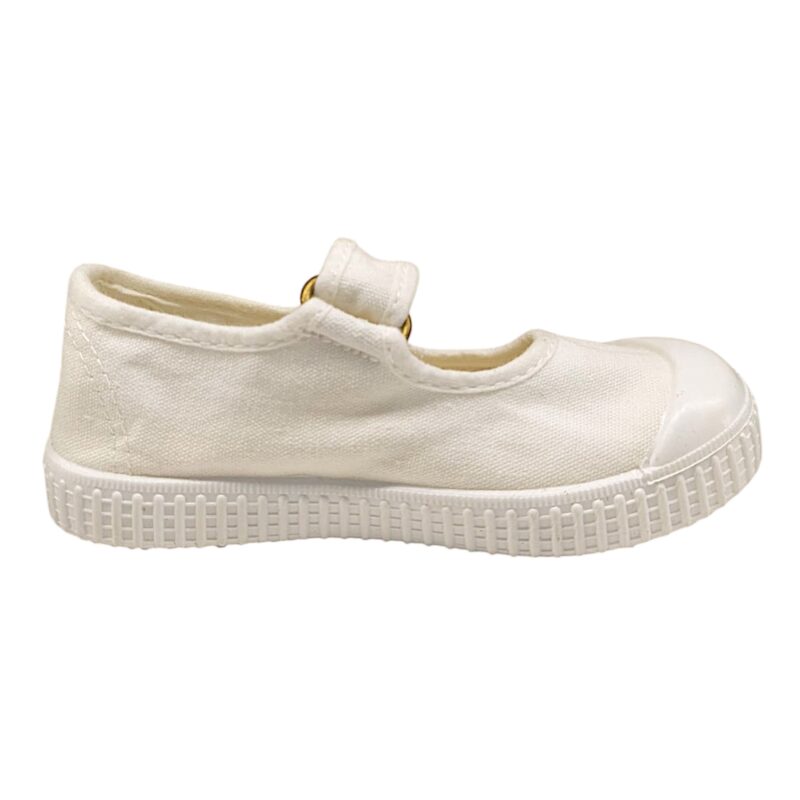 Scarpa ballerina per bambina in cotone bianco con chiusura a strappo – Victoria 2 Scarpa per bambina in cotone bianco modello ballerina bianca con chiusura a strappo – Victoria