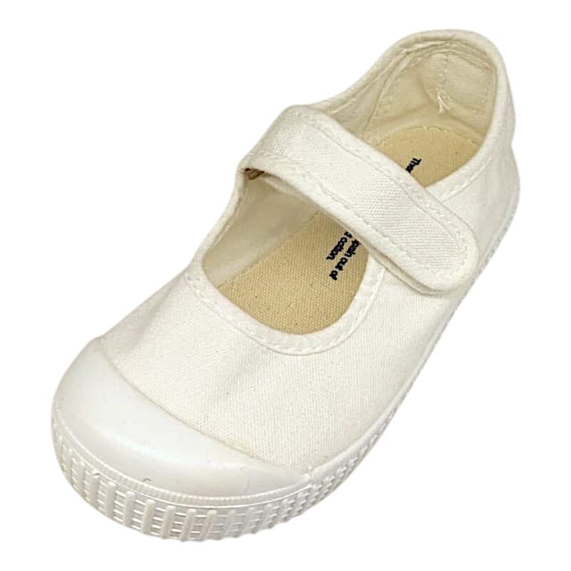 Scarpa ballerina per bambina in cotone bianco con chiusura a strappo – Victoria 1 Scarpa per bambina in cotone bianco modello ballerina bianca con chiusura a strappo – Victoria