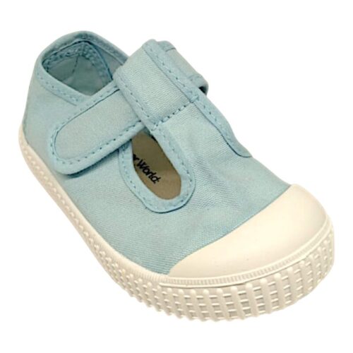 Scarpa primi passi celeste in cotone per bambina e bambino con occhietti e apertura a strappo – Victoria